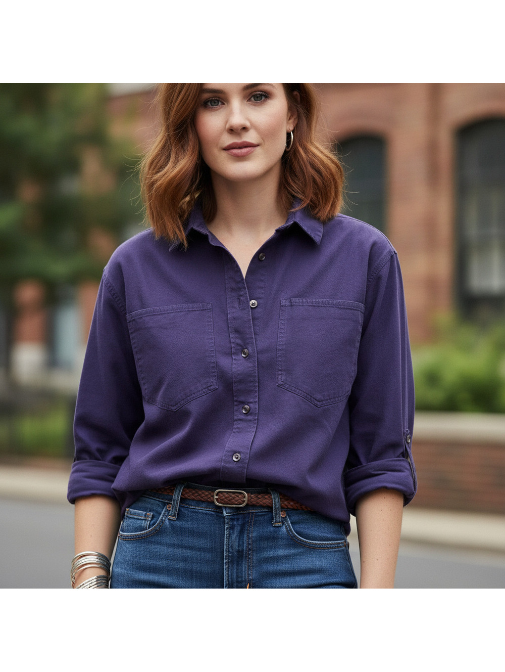 90s Vintage Eddie Bauer Classic Purple Cotton Shirt - Medium Petite
